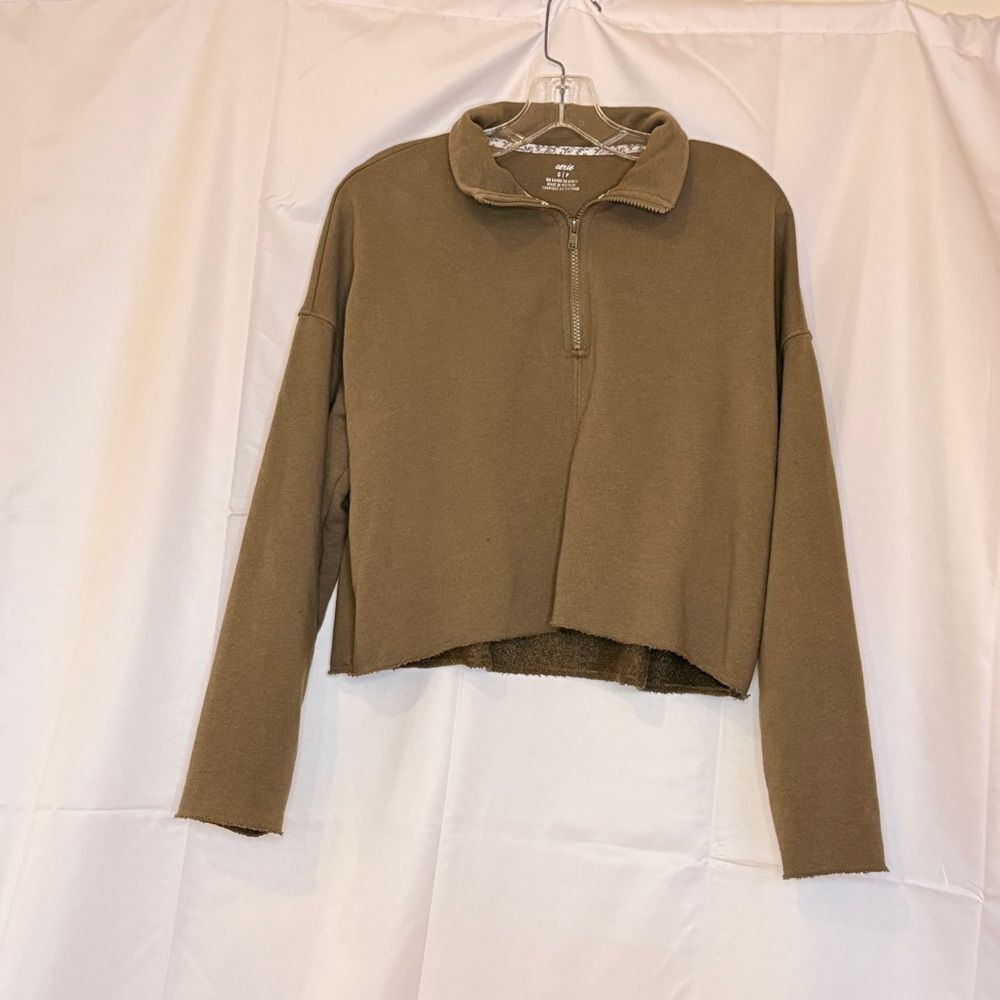 Aerie Olive Green Cropped Quarter-Zip Sweatshirt S Boxy Relaxed